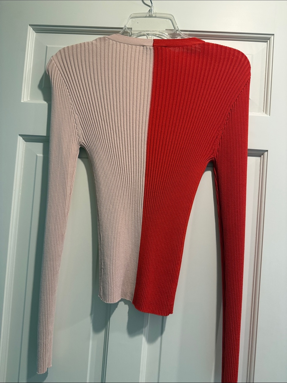 STAUD Colorblock Ribbed V-Neck Cardigan - Red & Light Pink - Picture 3 of 5